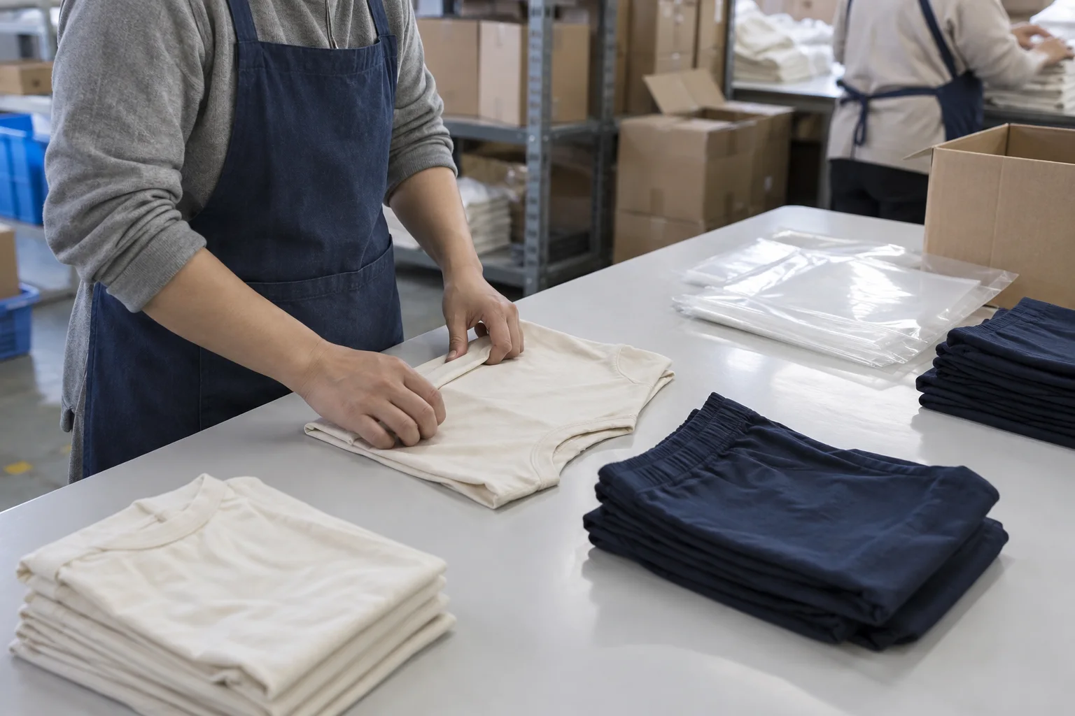 AI illustration of folding garments for packing; not the Tianyi packing area