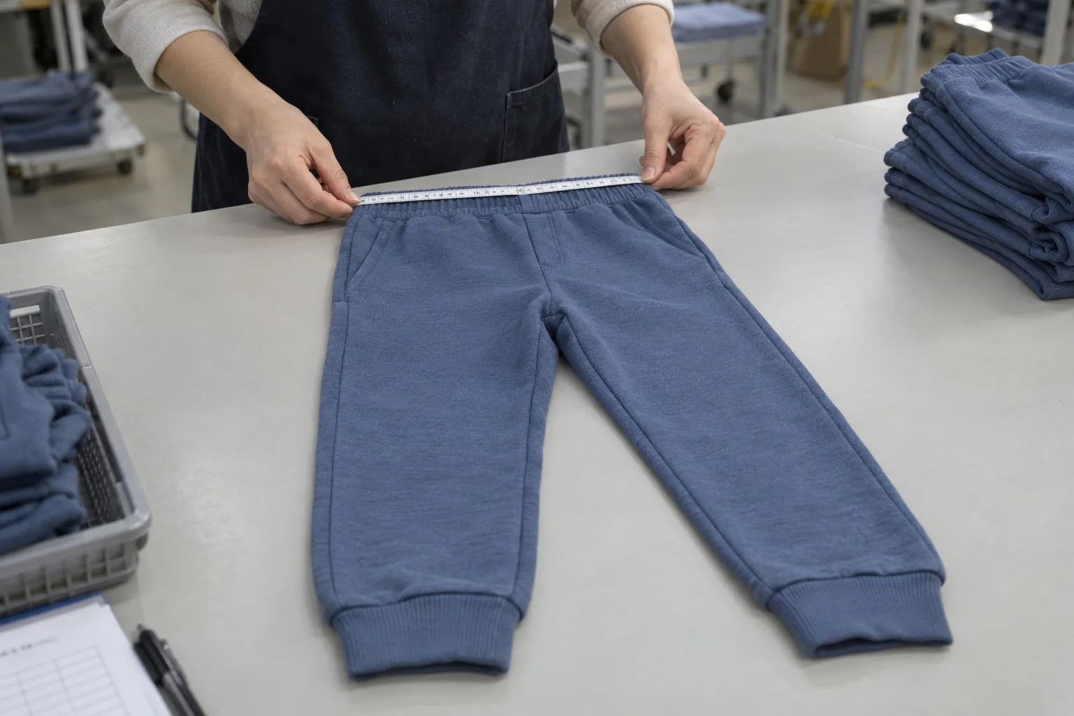 AI 示意图：检验时测量针织服装，非天艺质量记录