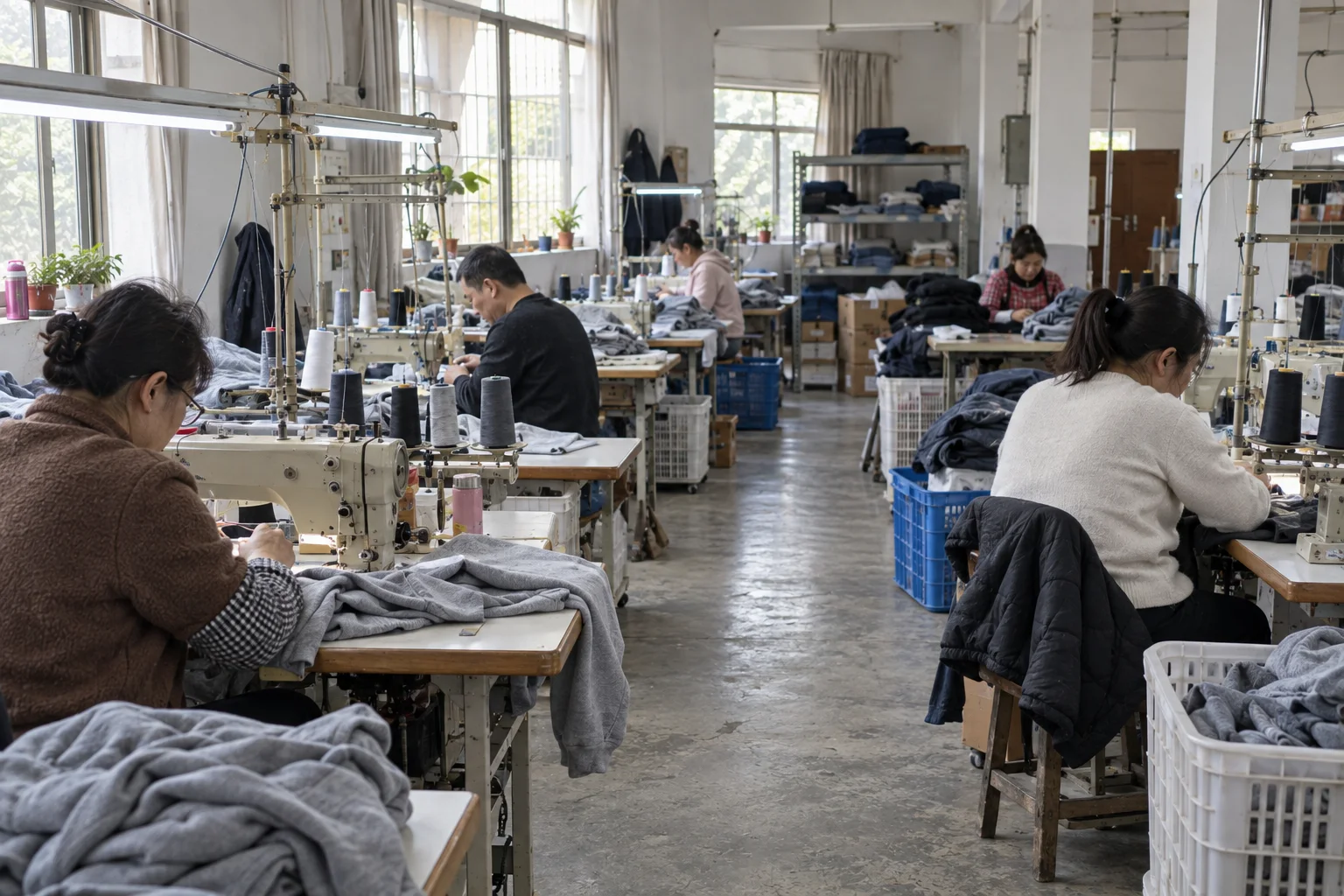 AI 示意图：整齐的服装缝制车间，非天艺工厂实拍